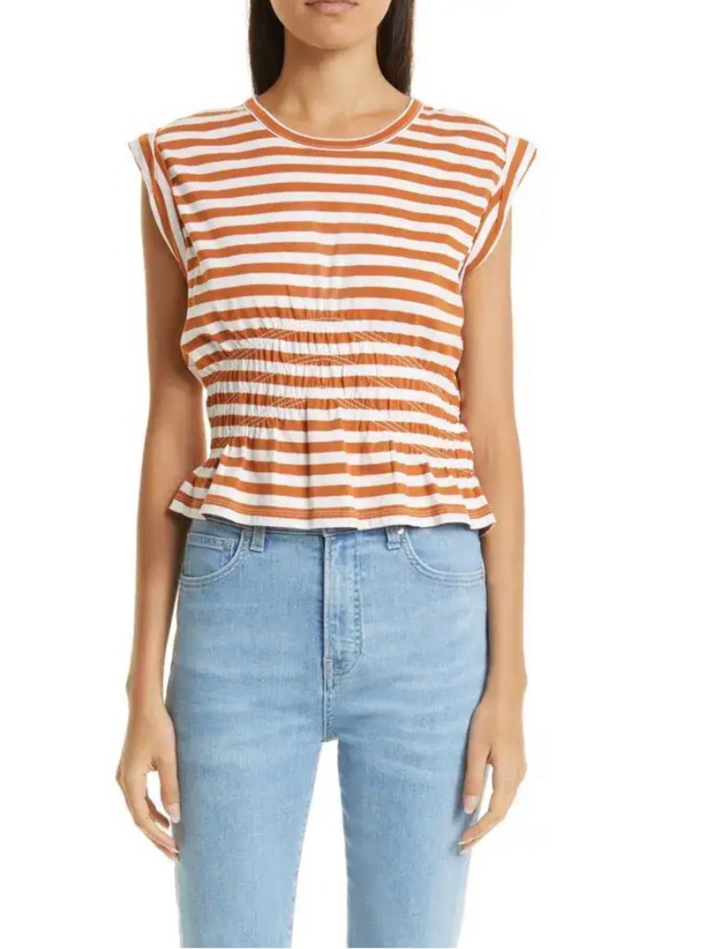 Veronica Beard Buchanan Striped Shirred Waist Cotton T-Shirt